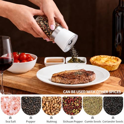 Premium Salt and Pepper Grinder Set of 2, 6 oz Refillable Glass Salt and Pepper Shakers with Adjustable Ceramic Grinder, Manual Pepper Mill Set Includes Funnel & Cleaning Brush, Transparent Lid - color: White, size: 2.6"W x 5"H