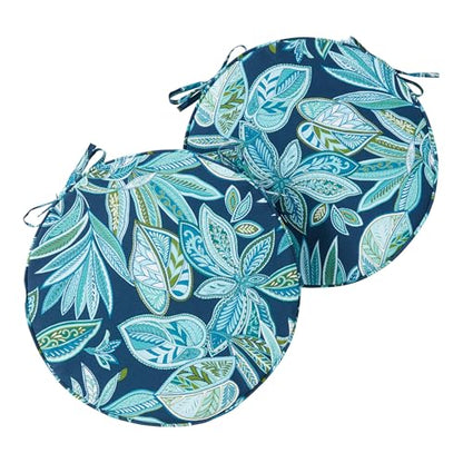 Set of 2 Outdoor 18 inch Round Patio Dining Chair Pads – Comfortable Fiber-Filled Seat Cushions with Ties, Reversible Polyester Fabric, Botanical Crestwood - color: Botanical Crestwood