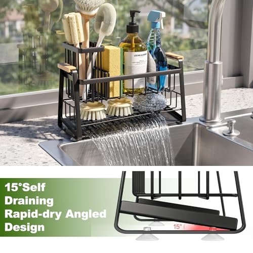 Housolution 2-Tier Sponge Holder for Kitchen Sink Caddy with Brush Holder | Auto-Draining, Suction Cups, Wooden Handle , Kitchen Sink Countertop Organization Storage, Dish Soap Holder, Rustproof, Black - color: Black