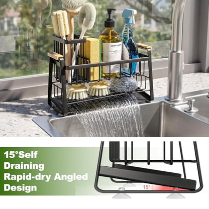 Housolution 2-Tier Sponge Holder for Kitchen Sink Caddy with Brush Holder | Auto-Draining, Suction Cups, Wooden Handle , Kitchen Sink Countertop Organization Storage, Dish Soap Holder, Rustproof, Black - color: Black