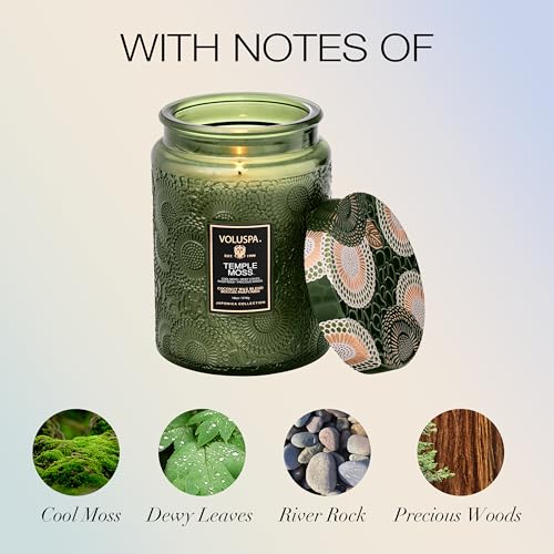 Voluspa Temple Moss, Large Candle Jar, 18oz, Coconut Wax Blend, Scented Candles for Home, 100 Hour Burn Time, Handcrafted in the USA - color: 11 - Temple Moss