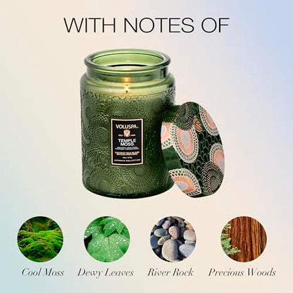 Voluspa Temple Moss, Large Candle Jar, 18oz, Coconut Wax Blend, Scented Candles for Home, 100 Hour Burn Time, Handcrafted in the USA - color: 11 - Temple Moss