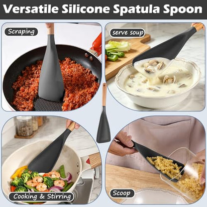 Cooking Spoon for Nonstick Cookwares, Multifunction Spatula Spoon, Great for Both Cooking and Serving, Wood Handle Spoon for Stirring, Mixing, Serving (2, GRAY) - color: Gray