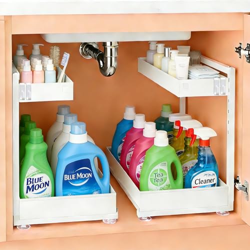 Under Sink Organizer, Bathroom Counter Organizer, 2 Pack 2 Tier L-Shape White, Adjustable Height Carbon Steel, Under Cabinet Storage with Pull Out Drawer, Use for Kitchen Bathroom Office Shop Laundry - color: Snow White