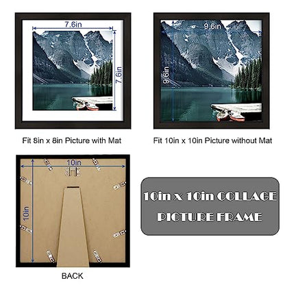Hongkee 10x10 Black Picture Frames set of 3, Made of Wooden and Real Glass Square Photo frame - Displays 8x8 Picture With Mat or 10 x 10 Without Mat, Desktop & Wall Collage Frame set - color: Black, size: 10x10 in