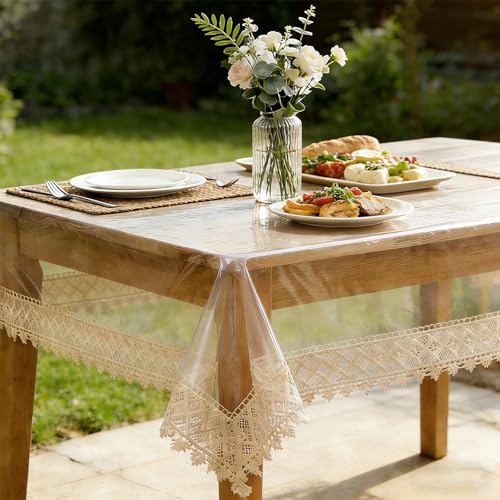 Clear Plastic Tablecloth Vinyl Table Cover 55" x 86",6-8 Seats | Waterproof Oil Proof Rectangle Table Cloth Protector for Dining Table Parties Camping Crystal Clear Lace Tablecloth - size: 86" x 55" (Rectangular)