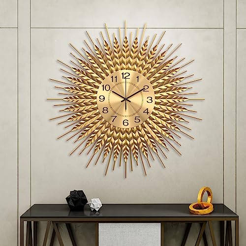 28 Inch Gold Large Wall Clock Decorative Metal Mid Century Wall Clocks, Modern Big Silent Non-Ticking Clock, Modern Handmade Home Art Decor for Living Room, Bedroom, Dining Room - size: 2. Gold-Wheat 28In(70cm)