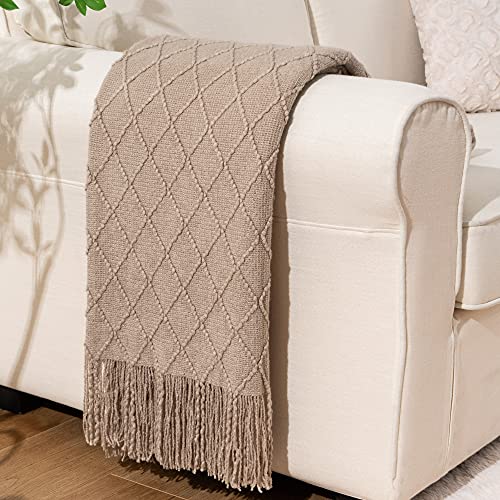 BATTILO HOME Khaki Throw Blanket for Couch, Boho Bed Tan Throws, Spring Decorative Taupe Throw for Sofa Foot of Bed, 50"x60" - color: Khaki, size: 50 x 60 in.