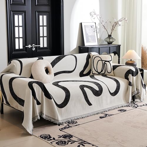 MYSKY HOME Couch Cover for 3 Cushion Couch Sofa Cover, Super Soft Boho Couch Covers for Dogs Washable, Jacquard Sofa Slipcover Furniture Protector for Living Room, 91" x 150", Black Curve - color: 1# Black Curve, size: 91" x 150"
