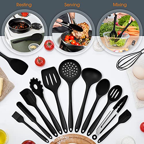 Kitchen Utensils Set, E-far 15-Piece Silicone Cooking Utensils with Holder, Non-stick Cookware Friendly & Heat Resistant, Includes Ladle Spatula Spoon Slotted Turner for Cooking & Baking (Black) - color: Black