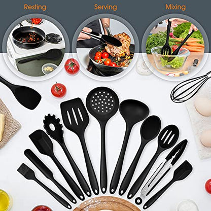 Kitchen Utensils Set, E-far 15-Piece Silicone Cooking Utensils with Holder, Non-stick Cookware Friendly & Heat Resistant, Includes Ladle Spatula Spoon Slotted Turner for Cooking & Baking (Black) - color: Black
