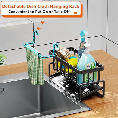 Kitchen Sink Caddy Organizer, Stainless Steel Sink Sponge Holder,45°Tilt Self-Drainage, Sponge Drain Rack with Dish Brush Holder,Removable Dishcloth Rack for Kitchen Storage Dispenser,Grey