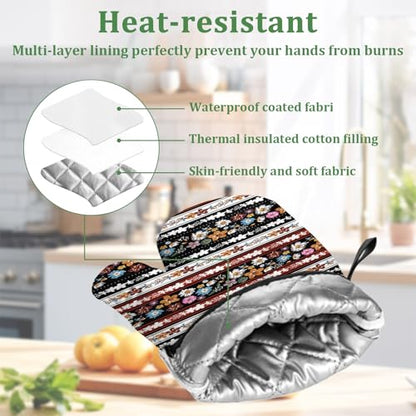 Retro Boho Flower Stripe Oven Mitts and Pot Holders Set 4 Pcs Extra Long Heat Resistant Gloves Potholder for Baking, BBQ, Grilling - color: Boho Floral Stripe