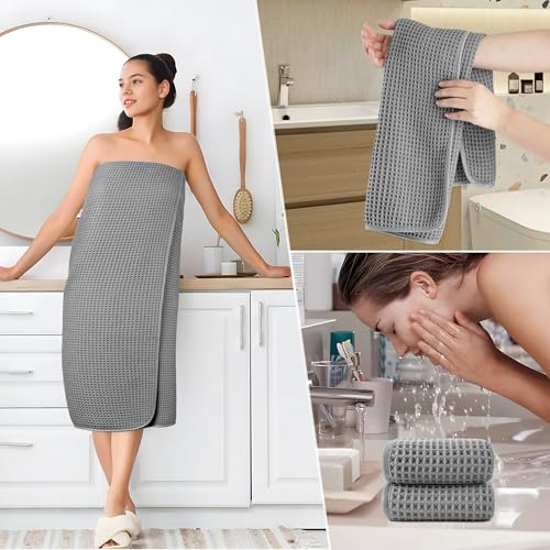 POLYTE 430 GSM Poly Blend Microfiber Quick Dry Waffle Bath Towel Set of 6 | 2-Body Towels, 2-Hand Towels, 2-Wash cloths, Oversize, Lint Free - color: Gray