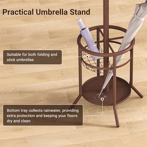 ELYKEN Coat Rack Freestanding, Metal Coat Rack with Umbrella Holder | 12 Hooks, Round Base, Heavy Duty Floor Standing Coat Tree for Entryway, Hallway, Living Room, Bedroom, Office, Brown - color: Brown