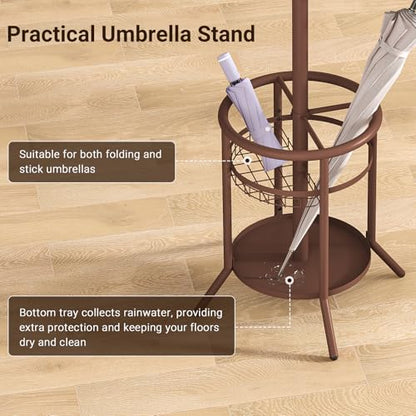 ELYKEN Coat Rack Freestanding, Metal Coat Rack with Umbrella Holder | 12 Hooks, Round Base, Heavy Duty Floor Standing Coat Tree for Entryway, Hallway, Living Room, Bedroom, Office, Brown - color: Brown