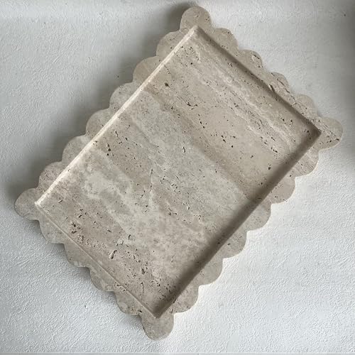 Natural Scalloped Marble Tray, 10.7"x7.87", Rectangle for Bathroom & Kitchen, Decorative for Dresser (Beige Travertine) - color: Beige Travertine