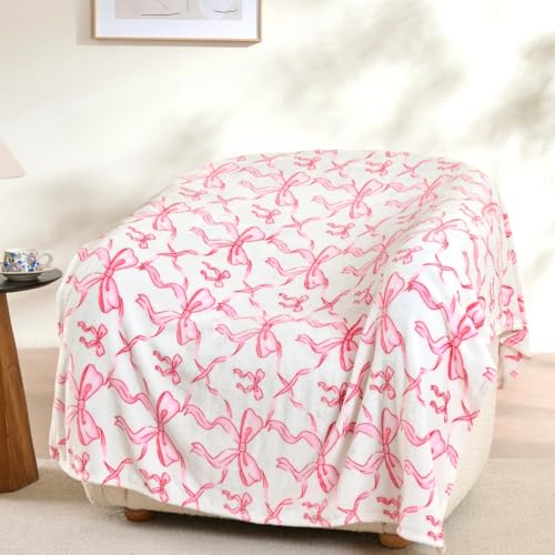 Pink Bow Throw Blanket –Spring Mother's Day Soft Fleece Blanket for Girls and Women, Coquette Aesthetic Room Decor for Bed, Couch, Chair, Preppy Bedroom or Gift, Cute Pink Bow Decor Blanket - color: Bow Pink, size: throw(50x60)