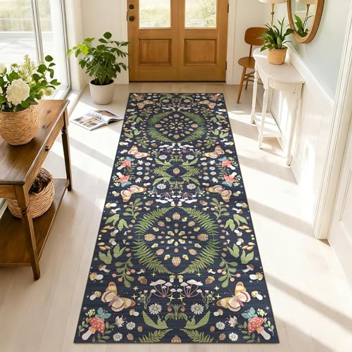 Washable 2x6 Runner Rug for Kitchen： Non Slip Soft Hallway Runners Ultra Thin Boho Butterfly Stain Resistant Indoor Floor Carpet for Entryway Bedroom Laundry Room Easy-Clean（Black Blue，2x6） - color: Black Blue, size: 2' x 6' (Runner)