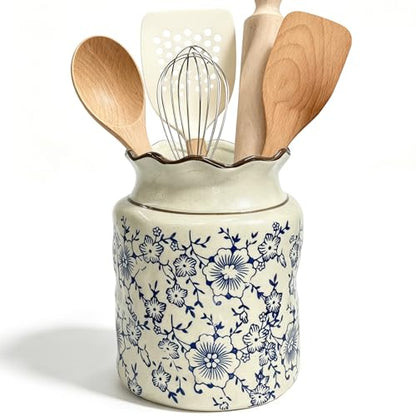 Kitchen Utensil Holder, Chinoiserie Floral Blue-and-White Porcelain Ceramic Utensil Crock – Blue Flower Storage Organizer Container for Home Kitchen Countertop
