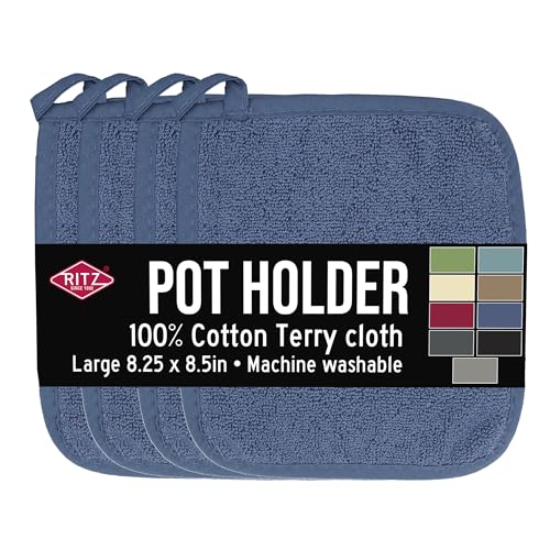 RITZ Terry Potholder & Hot Pad: Unparalleled Heat Resistant, Durable 100% Cotton – Ergonomically Designed for Optimal Grip – Easy-Care Machine Washable – 4-Pack, Federal Blue - color: Federal Blue, size: 4-Pack