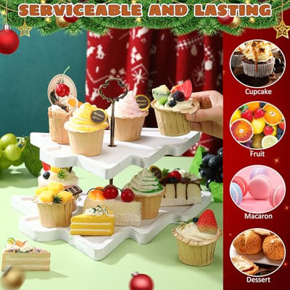 Wood 2-Tiered Christmas Tree Tray Cupcake Stand Dessert Display Holiday Serving Platters Xmas Wooden Charcuterie Board for Snacks Food Fruit Appetizers Desserts Cookies(Distressed White) - color: Distressed White