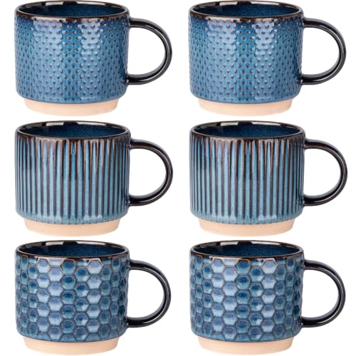 GBhome 12 OZ Stackable Coffee Mugs Set of 6, Ceramic Coffee Cups Set | 3 Assorted Designs, Embossed Mugs with Texture Patterns for Tea/Coffee, Dishwasher&Microwave Safe, Deep Sea - color: Deep Sea, size: 12 Ounce(6PCS)