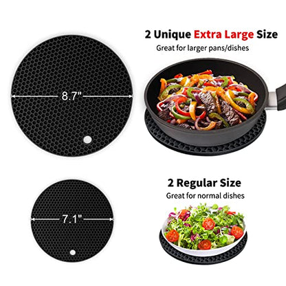 Silicone Trivet Mats - Walfos Heat Resistant Pot Holders Set, 4pcs 2 Sizes 7 Inch & 9 Inch, Multipurpose Non-Slip Hot Pads for Hot Pot, Hot Dishers, Jar Opener, Food Grade & BPA Free (Black) - style: 7+9in, 4 Black Round