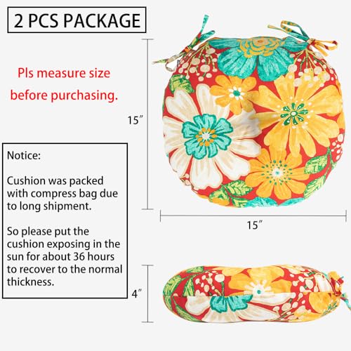 Magpie Fabrics Outdoor Round Bistro Seat Cushions with Ties, 15"x15"x4" Set of 2, Tufted Waterproof Barstool Chair Pads for Patio Home Garden Office, Embry Red Hibiscus - color: Embry Red Hibiscus