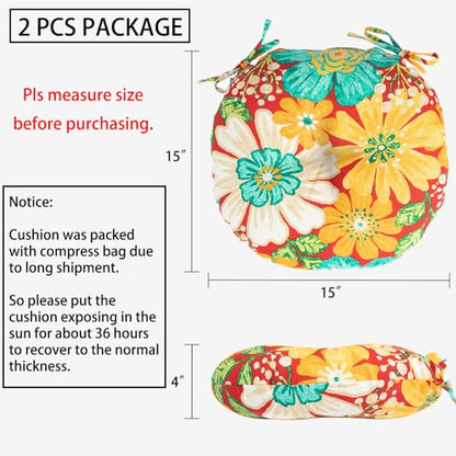 Magpie Fabrics Outdoor Round Bistro Seat Cushions with Ties, 15"x15"x4" Set of 2, Tufted Waterproof Barstool Chair Pads for Patio Home Garden Office, Embry Red Hibiscus - color: Embry Red Hibiscus