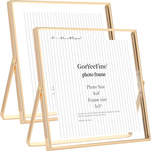 Gold 5x5'' Floating Frame Set of 2,For Photo Sizes(4x4'' or 3x3''),Beautiful Metal Beaded Frames Adjustable Tabletop/Shelf Photo Frame,Classy Gift Choice for Wedding,Birthday or Christmas Gift - color: Gold, size: 5x5''For 4x4''2PK