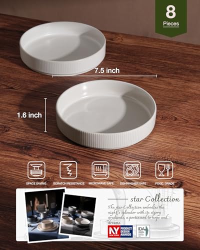 famiware Star 7.5" Pasta Bowls Set of 8, Plate Bowls, Matte White | Double Reactive Glaze, Microwave & Dishwasher Safe, Lead-free and Cadmium-free, Stoneware Scratch Resistant, Kitchen Bowls - color: White - Full Glaze Matte, size: 8 pcs