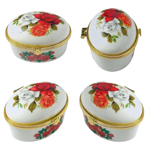 Tiny Oval Porcelain Trinket Box | Rose Bouquet | French Style Gift Box with Velvet Bag - style: Rose Bouquet Oval
