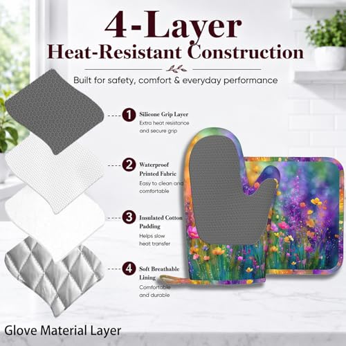 Wild Lavender Oven Mitts and Pot Holders Sets Silicone Heat Resistant Kitchen Oven Gloves Pot Holder for Cooking Baking Grilling BBQ - color: Wild Lavender