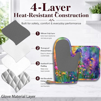 Wild Lavender Oven Mitts and Pot Holders Sets Silicone Heat Resistant Kitchen Oven Gloves Pot Holder for Cooking Baking Grilling BBQ - color: Wild Lavender