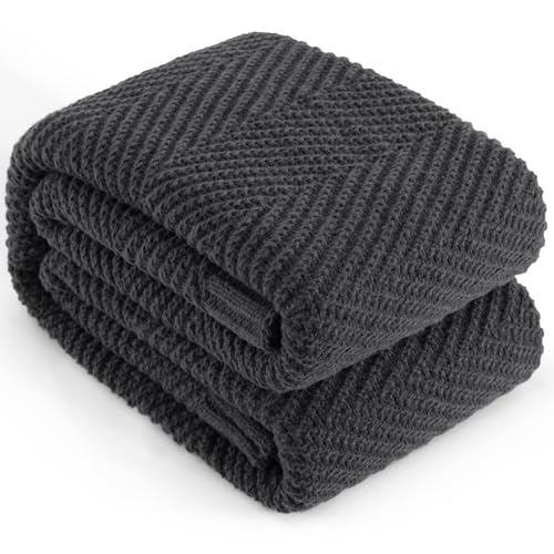 Knitted Throw Blanket for Couch, 60X80 Chevron Bed Knit Throws | Dark Grey Lightweight Living Room Decor, Super Soft Boho Bedding Blankets, Cozy Herringbone Textured, Chair Sofa Cover - color: Dark Grey, size: Twin (60"x80")