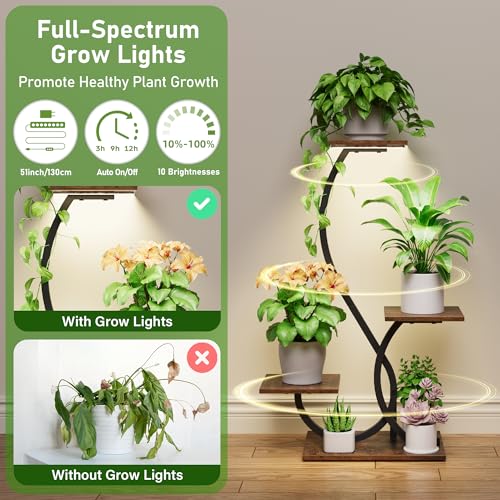 BACEKOLL Plant Stand with Grow Lights 4 Tier Metal Indoor Plant Shelf 32" | S-Shaped Corner Plant Stands Indoor, Grow Light Dimmable Timer, 17" Spacing, Anti-tip Straps, Easy Setup, Black Plant Shelves