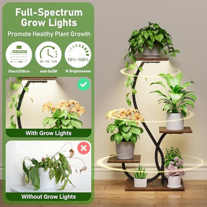 BACEKOLL Plant Stand with Grow Lights 4 Tier Metal Indoor Plant Shelf 32" | S-Shaped Corner Plant Stands Indoor, Grow Light Dimmable Timer, 17" Spacing, Anti-tip Straps, Easy Setup, Black Plant Shelves