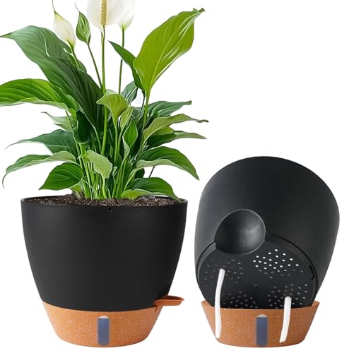 2 Pack 10 inch Plant Pots, Plastic Self Watering Planters | Drainage Holes, Deep Reservoir, Water Level Indicator, Modern Decorative Flower Pots for Indoor Outdoor Plants, Black - color: Black, size: 10 inches