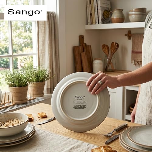 Sango 16-Piece Stoneware Dinnerware Set for 4, Glossy Cream/Green Big Dinner Plates and Bowls Sets with Reactive Glaze, Ceramic Dish Set, Modern Dishes, Microwave & Dishwasher Safe, Resona Moss - color: Green/Cream, size: 16-Piece Set