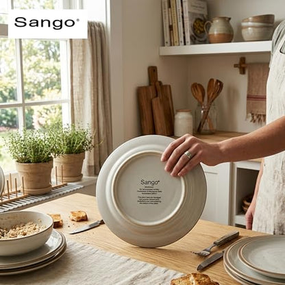 Sango 16-Piece Stoneware Dinnerware Set for 4, Glossy Cream/Green Big Dinner Plates and Bowls Sets with Reactive Glaze, Ceramic Dish Set, Modern Dishes, Microwave & Dishwasher Safe, Resona Moss - color: Green/Cream, size: 16-Piece Set