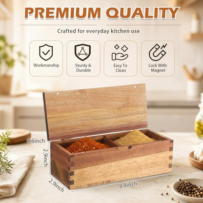 Acacia Wood Salt Cellar Spice Box with Magnetic Lid 29oz Large Capacity Salt Organizer 2 Compartments for Kitchen Countertop, Pepper, Seasonings, Spices, Grilling & Cooking - color: Acacia Wood, style: 2 Compartments