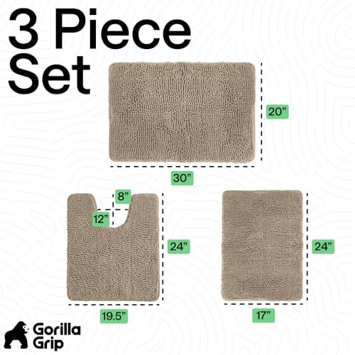 GORILLA GRIP Bathroom Rug Sets 3 Piece, Bath Mat Set and Oval Toilet Base with Rubber Backing, Plush Absorbent Shaggy Chenille Washable Mats, Includes 24x19.5, 24x17 and 30x20 Inch Rugs, Gray Beige - color: Gray Beige, style: 24"x19.5" + 24"x17" + 30"x20"