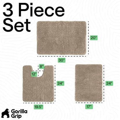 GORILLA GRIP Bathroom Rug Sets 3 Piece, Bath Mat Set and Oval Toilet Base with Rubber Backing, Plush Absorbent Shaggy Chenille Washable Mats, Includes 24x19.5, 24x17 and 30x20 Inch Rugs, Gray Beige - color: Gray Beige, style: 24"x19.5" + 24"x17" + 30"x20"