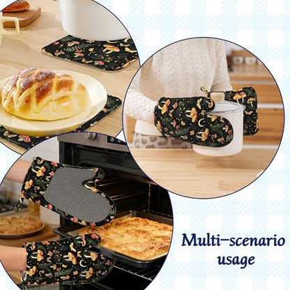 Boho Mushrooms Oven Mitts and Pot Holders Sets of 4 Wildflowers Butterfly Heat Resistant Silicone Oven Mits Gloves Non-Slip Kitchen Mittens Potholders for Cooking Baking Grilling BBQ - color: Boho Mushrooms,wildflowers Butterfly