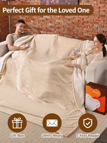 Bearhug Electric Blanket King Size with Dual Controls, 10 Heat Levels & 1-12H Auto Shut-Off, Fast Heating Soft Velvet to Sherpa Heated Blanket for Couples, Machine Washable, Beige - color: Beige, size: King Size 100" × 90"