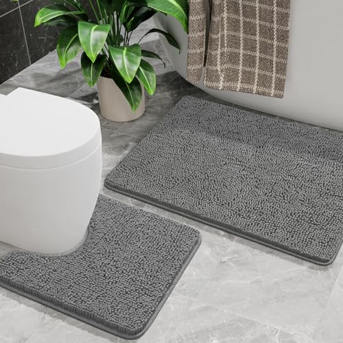 Bathroom Rug Sets 2 Piece, 20"x20" U-Shaped & 21"×34", Grey | Toilet Mat Non Slip Bath Mats Floor Set, Washable Bath Rug Set, Absorbent Soft Bathroom Rug - color: Grey