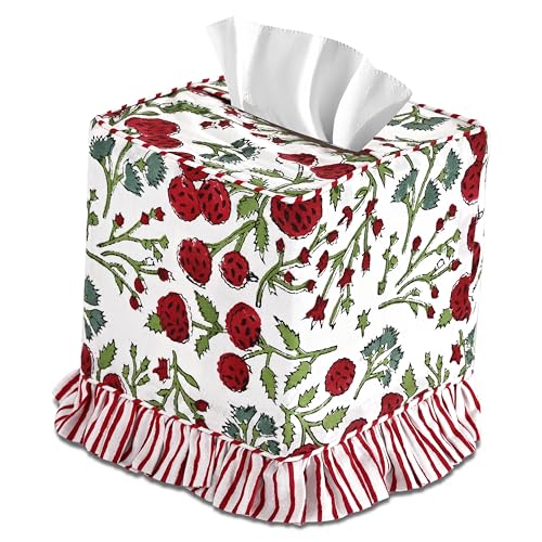 Red Garnet Block Print Ruffle Tissue Box Cover Handmade Cotton Decorative Square Napkin Holder for Home Bedroom Living Room Bathroom Vanity Countertop Car Office Kitchen - color: Red Garnet