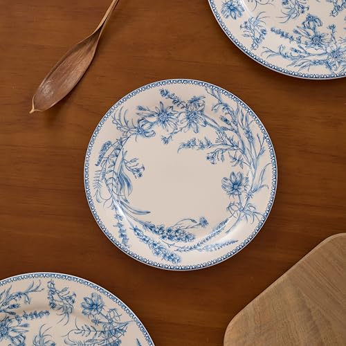 Bico Blue Garden Toile De Jouy Salad Plates Set of 4, 8.75 Inch Ceramic Dessert Plates for Salad, Appetizer, Side Dishes, Microwave and Dishwasher Safe, Gift for Housewarming and Thanksgiving - color: Blue Garden Toile De Jouy