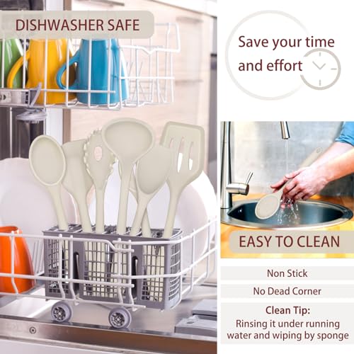 P&P CHEF Khaki Kitchen Utensils, Silicone Cooking Utensil Set of 7 | Soft Spatula for Nonstick Cookware, Slotted Turner, Soup Ladle, Pasta Server, Spoon for Cooking, Dishwasher Safe & Heat Proof - color: Khaki